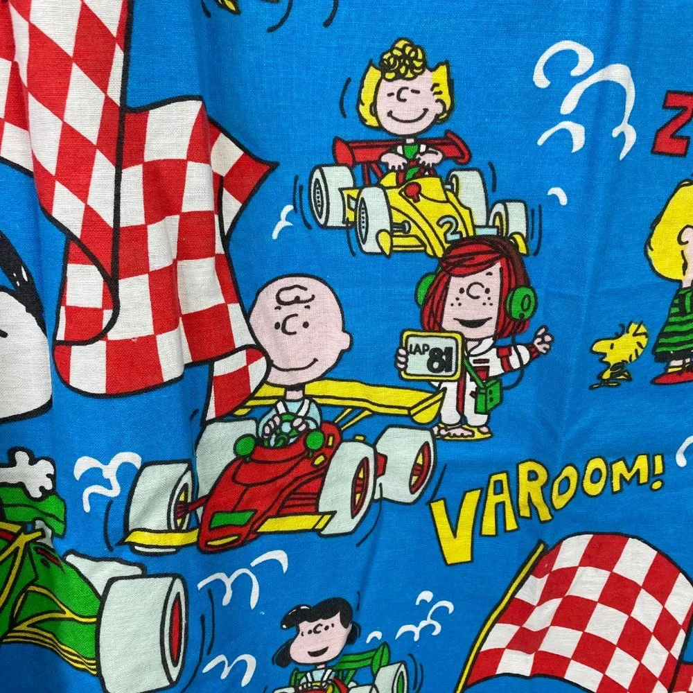 Vintage 60s Peanuts Race Curtains - 2 Panels - United Feature Syndicate
